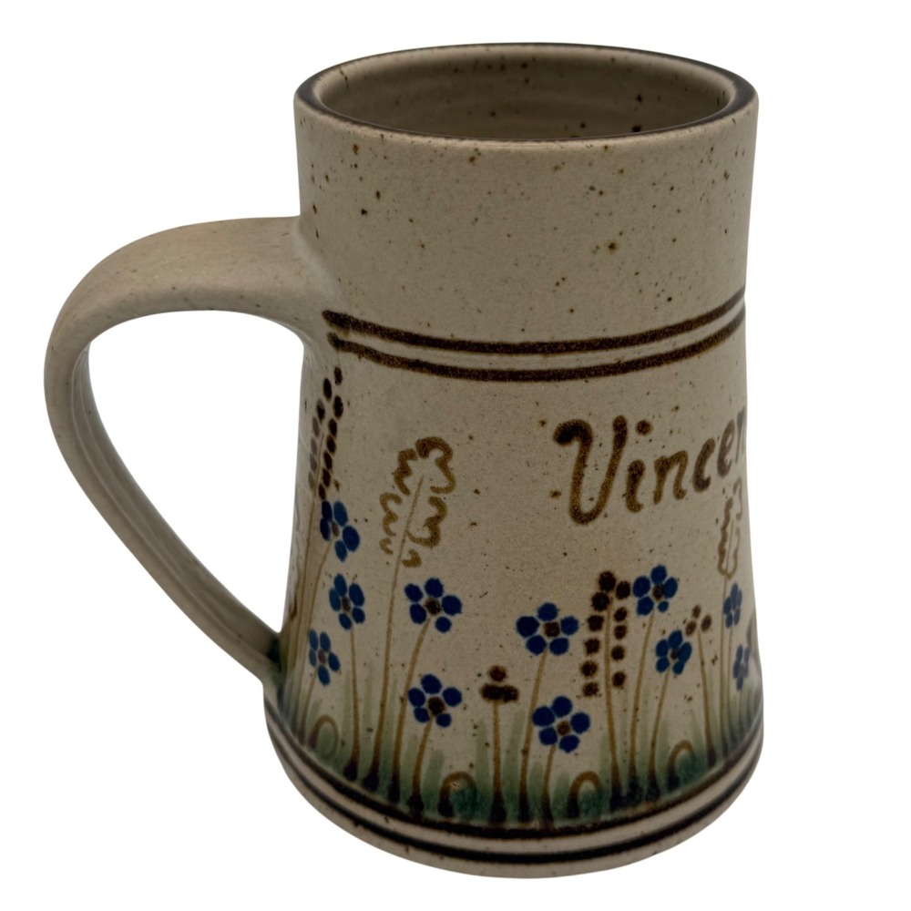 Artisan Personalized Vincent Hartmann Stoneware Mug Cat & Blue Wildflowers 5.25" - Picture 2 of 11